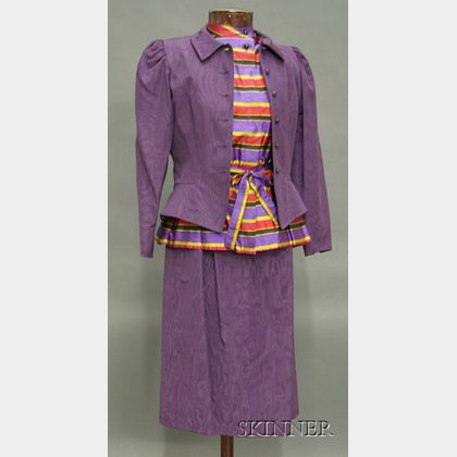 Vintage Guy Laroche Diffusion Purple Moire Suit and Striped Silk Blouse Ensemble