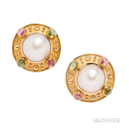 18kt Gold, Mabe Pearl, and Colored Stone Earrings