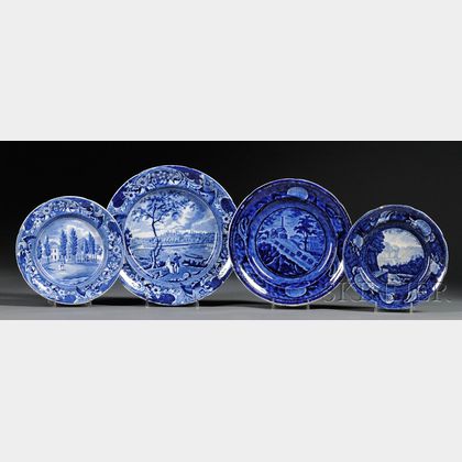 Four Blue Transfer-decorated Staffordshire Pottery Plates
