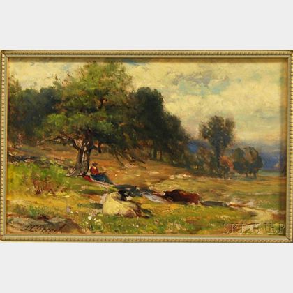 Samuel Lancaster Gerry (American, 1813-1891) Landscape with Cows and a Figure Resting Under a Tree.