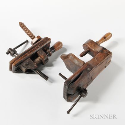Two Wooden and Iron Bench Vises