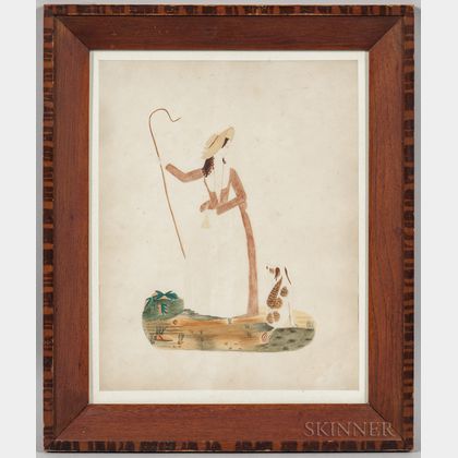 American School, 19th Century Portrait of a Shepherdess with Her Crook and Dog