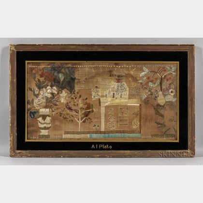 Large Ann Plato Needlework Picture of a House, Garden, and Flowers