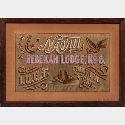 Painted and Gilt Silk "Naomi Rebekah Lodge, No. 6, Columbus, Ohio" Framed Banner/Sign