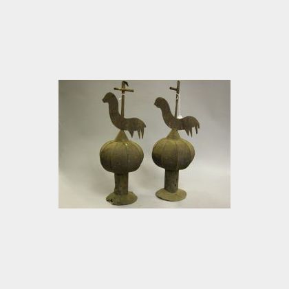 Pair of Tin Architectural Rooster Finials. 