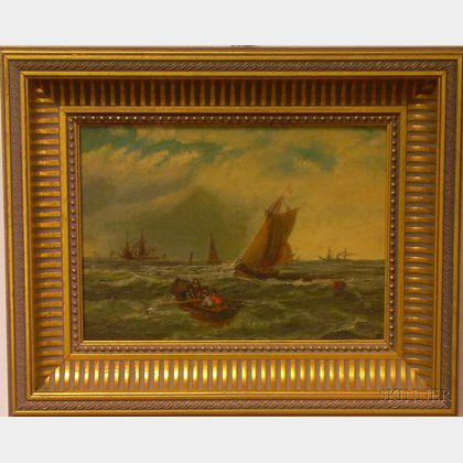 Framed 19th/20th Century Oil on Artist Board Marine View with Figures in a Rowboat