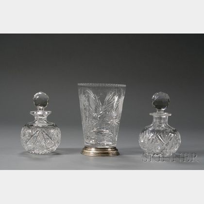 Unusual Hawkes Cut Glass Vase and Two Colognes