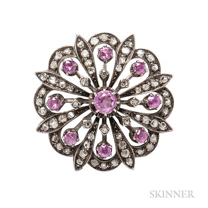 Antique Diamond and Pink Sapphire Brooch