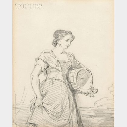 American School, 19th Century Sketch of a Woman Holding a Tub Under Her Arm.