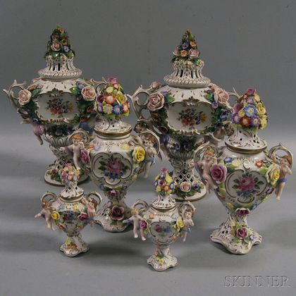 Three Pairs of Dresden Covered Vases