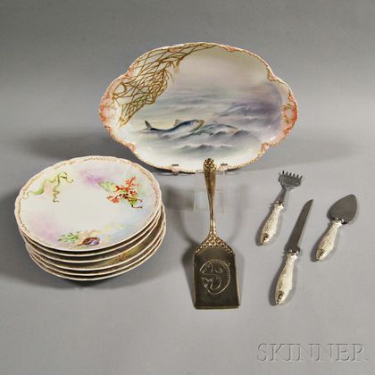 Set of Six Limoges Porcelain Fish Plates and a Platter, and Four Serving Pieces