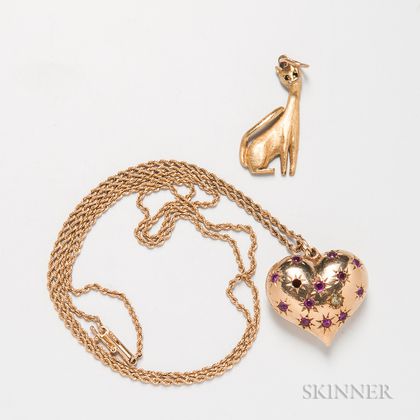 18kt Gold Cat Charm and a 14kt Gold Gem-set Heart Pendant
