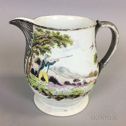 Enameled Ceramic Hunt Jug with Silver Lustre Accents