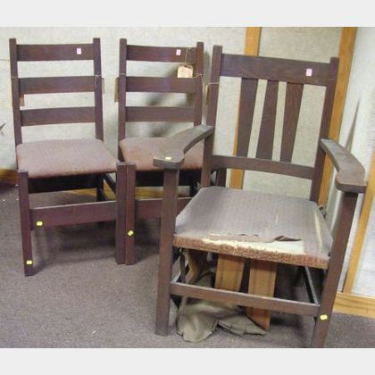 Pair of Gustav Stickley Oak Slat-back Side Chairs and an Arts & Crafts Oak Armchair.
