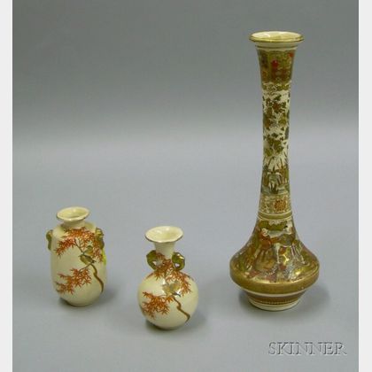 Two Satsuma Cabinet Vases and a Bud Vase. 