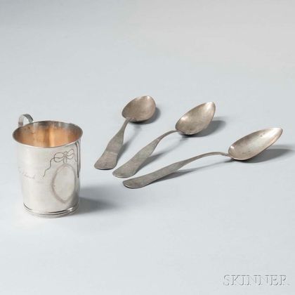 Silver Christening Cup and Three Coin Silver Tablespoons