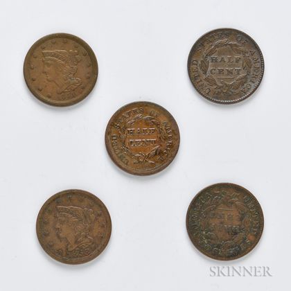 Five Classic and Braided Hair Half Cents