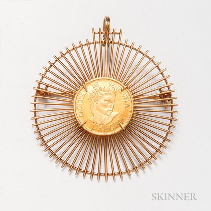 14kt Gold-mounted Venezuelan Coin Sunburst Pendant/Brooch