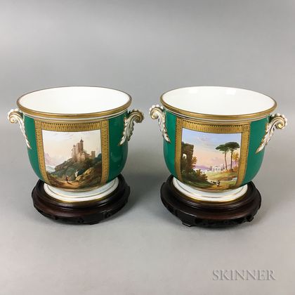 Pair of French Porcelain Cache Pots and Stands