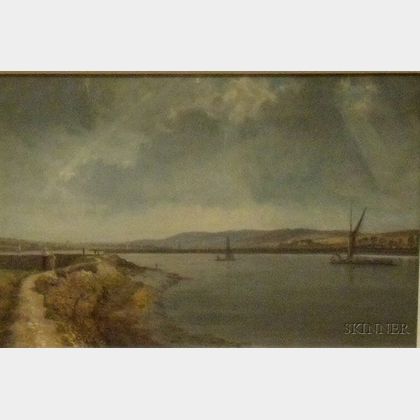 Framed British School Oil on Board Landscape View with Figures by the River