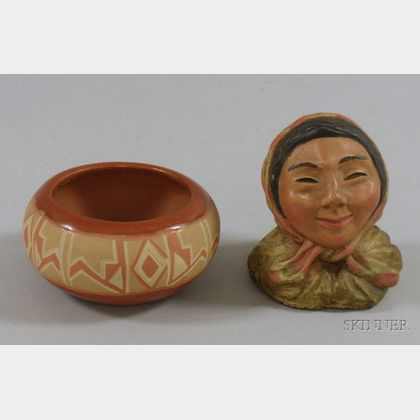 Small Native American Southwest Painted Pottery Bowl and an Alaskan Painted Plaster Bust of an Eskimo Woman