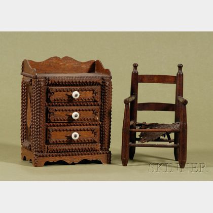 American Country Ash Doll Armchair and a Miniature Tramp Art Chest