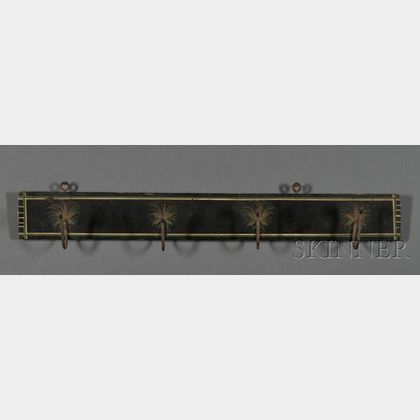 Paint-decorated Wooden Cloak Rack with Scrolled Wrought Iron Hooks