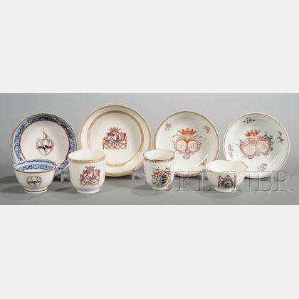 Eight Chinese Export Armorial Teaware Items