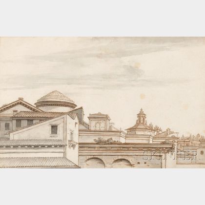 Attributed to René Antoine Houasse (French, born c. 1645-1710) Two Framed Architectural Drawings: Italian Rooftops