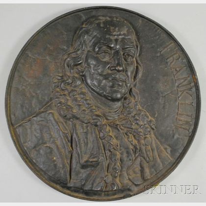 Black-painted Circular Cast Iron Relief Portrait Plaque Depicting Benjamin Franklin