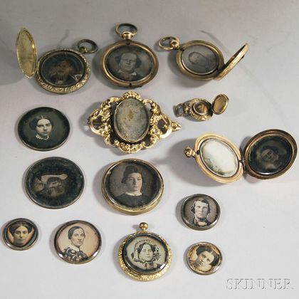 Fourteen Assorted Small Mostly Gilt Brass Mounted Daguerreotype Portraits