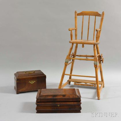 Walnut Tea Caddy, a Mahogany Veneer Ogee Box, and a Bamboo-turned High Chair. Estimate $200-250