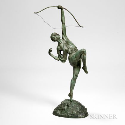 After Pierre Le Faguays (French, 1892-1962) Bronze Figure of Diana Releasing an Arrow, cast balanced on one foot with her bow raised, 