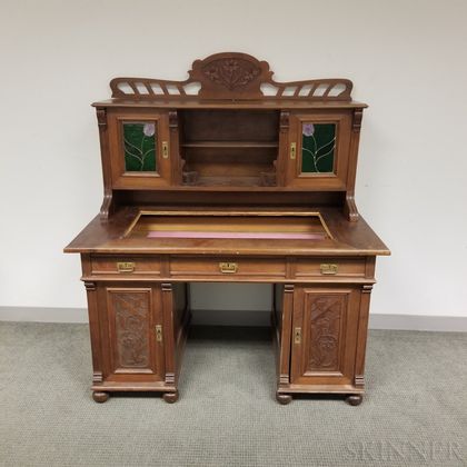 Aesthetic Movement Carved and Glazed Walnut Kneehole Desk