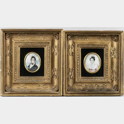 American School, 19th Century Pair of Miniature Portraits of Samuel B. and Sarah Anne Bannister