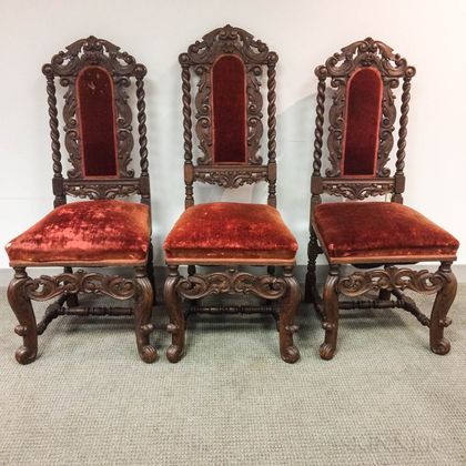 Set of Three Baroque-style Carved and Upholstered Oak Side Chairs