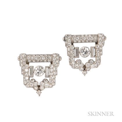 Art Deco Platinum and Diamond Dress Clips and Bracelet, Cartier