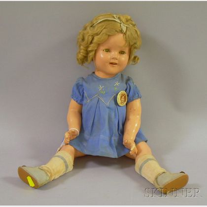 Ideal Shirley Temple Composition Doll in Blue Dress with Button