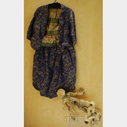 Chinese Brocade Jacket and Skirt and an Asian Carved Root Wood Figure