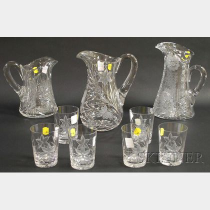 Two Colorless Cut Glass Pitchers and a Colorless Cut Glass Pitcher with Six Tumblers Set. 