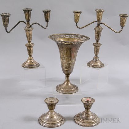 Two Pairs of Weighted Sterling Silver Candlesticks and a Weighted Sterling Silver Vase