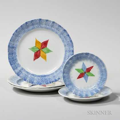 Five Blue Spatterware Plates with Star Decoration