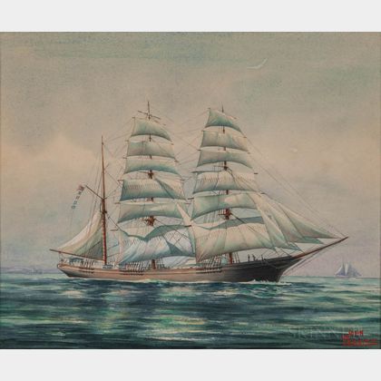John Leavitt (Massachusetts/Connecticut, 1905-1974) Portrait of a Three-masted Vessel