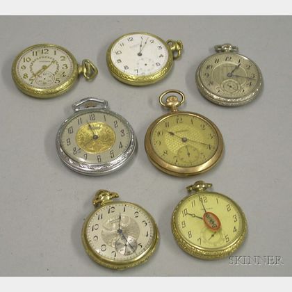 Seven Assorted Silver Plate and Gold-filled Art Deco Open Face Pocket Watches
