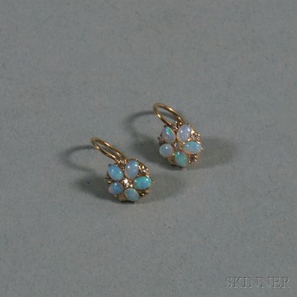 Small Pair of 14kt Gold, Opal, and Diamond Flowerhead Earrings