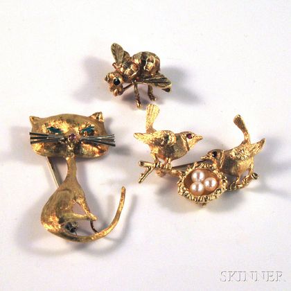 Three Gold Animal and Insect Pins