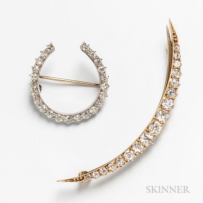 14kt Gold and Diamond Crescent Brooch and Horseshoe Brooch