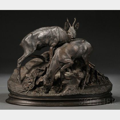 Pierre Jules Mene (French, 1810-1879) Bronze Figure of a Pair of Roe Deer, Chevreuils