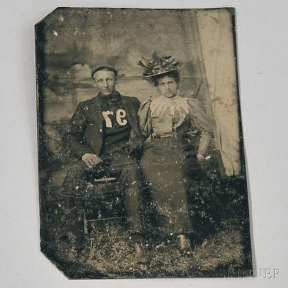 Tintype of a Man Wearing an Athletic Sweater and Cap with a Woman Wearing a Fancy Hat