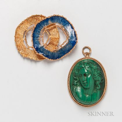 Modern 18kt Gold and Enamel Brooch and a 14kt Gold and Malachite Cameo Brooch